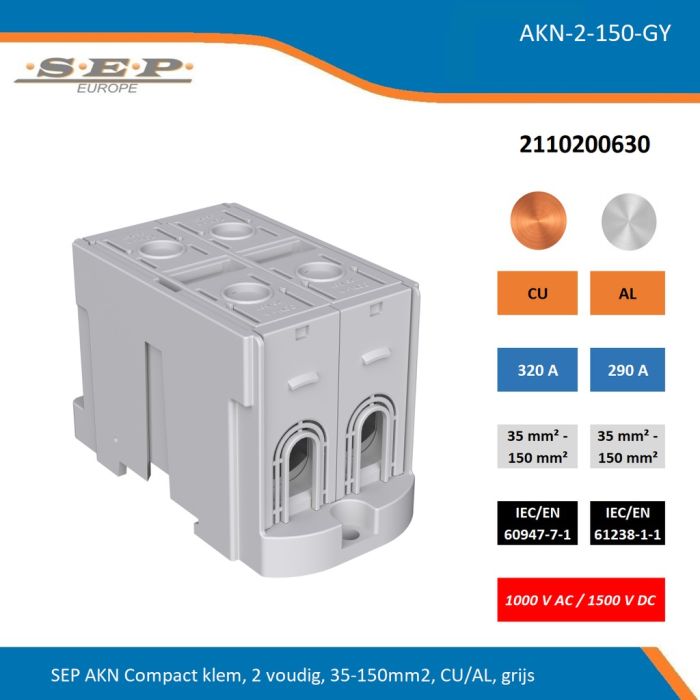 SEP AKN-2-150-GY compacte aansluitklem 2-voudig, geschikt voor koper en aluminium 35-150 mm², grijs – 1000 V AC / 1500 V DC, artikel 2110200630