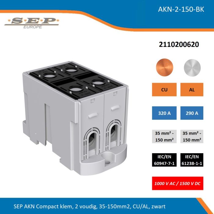 SEP AKN-2-150-BK compacte aansluitklem 2-voudig, geschikt voor koper en aluminium 35-150 mm², zwart – 1000 V AC / 1500 V DC, artikel 2110200620