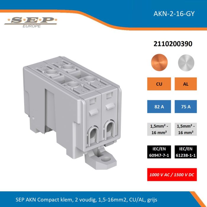SEP AKN-2-16-GY compacte aansluitklem 2-voudig, geschikt voor koper en aluminium 1,5-16 mm², grijs – 1000 V AC / 1500 V DC, artikel 2110200390
