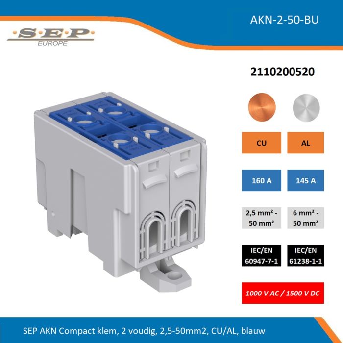 SEP AKN-2-50-BU compacte aansluitklem 2-voudig, geschikt voor koper en aluminium 2,5-50 mm², blauw – 1000 V AC / 1500 V DC, artikel 2110200520