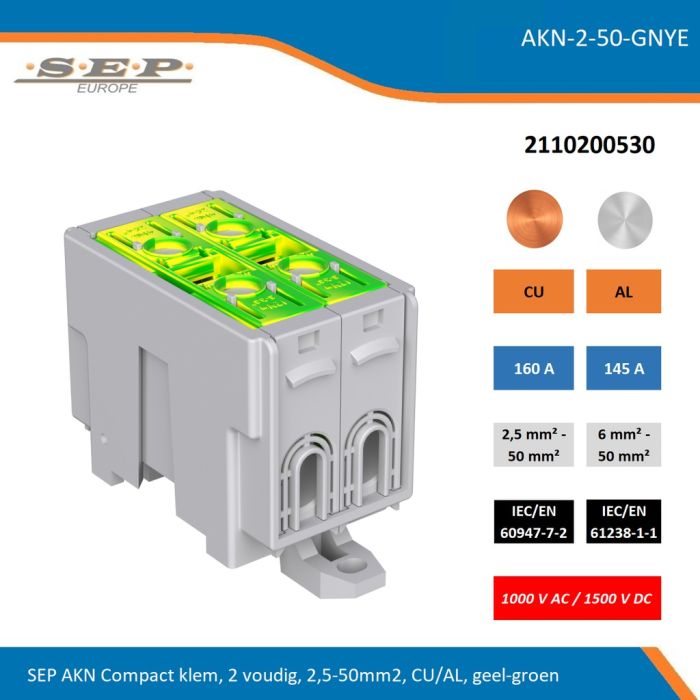 SEP AKN-2-50-GNYE compacte aansluitklem 2-voudig, geschikt voor koper en aluminium 2,5-50 mm², geel-groen – 1000 V AC / 1500 V DC, artikel 2110200530