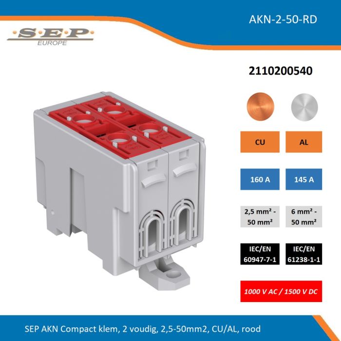 SEP AKN-2-50-RD compacte aansluitklem 2-voudig, geschikt voor koper en aluminium 2,5-50 mm², rood – 1000 V AC / 1500 V DC, artikel 2110200540
