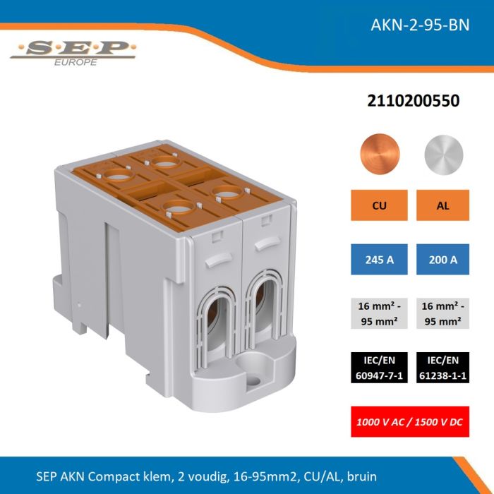 SEP AKN-2-95-BN compacte aansluitklem 2-voudig, geschikt voor koper en aluminium 16-95 mm², bruin – 1000 V AC / 1500 V DC, artikel 2110200550