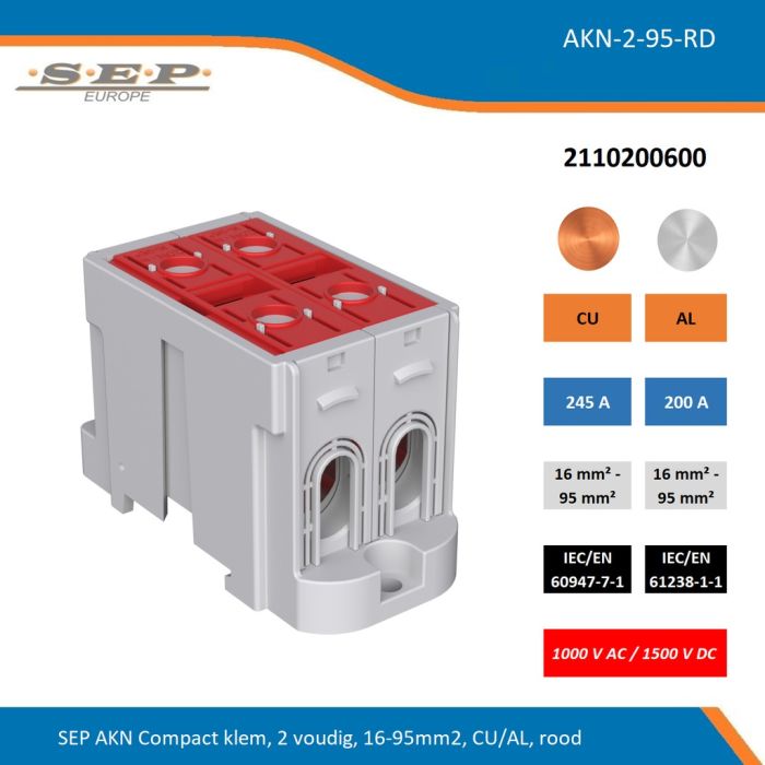 SEP AKN-2-95-RD compacte aansluitklem 2-voudig, geschikt voor koper en aluminium 16-95 mm², rood – 1000 V AC / 1500 V DC, artikel 2110200600