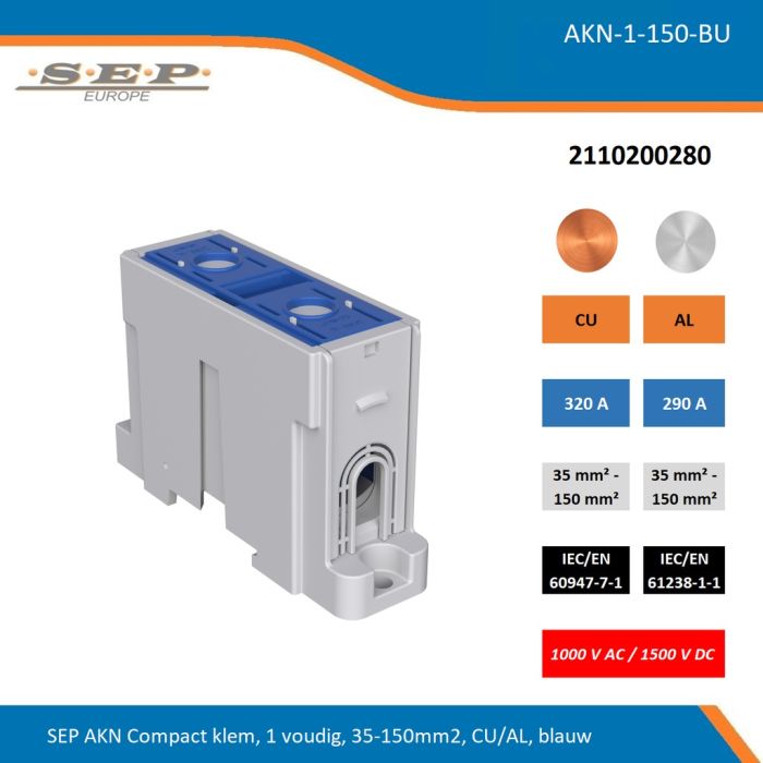 SEP AKN-1-150-BU compacte aansluitklem 1-voudig, geschikt voor koper en aluminium 35-150 mm², blauw – 1000 V AC / 1500 V DC, artikel 2110200280