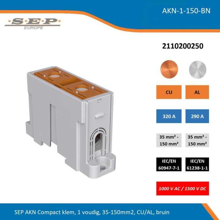 SEP AKN-1-150-BN compacte aansluitklem 1-voudig, geschikt voor koper en aluminium 35-150 mm², bruin – 1000 V AC / 1500 V DC, artikel 2110200250