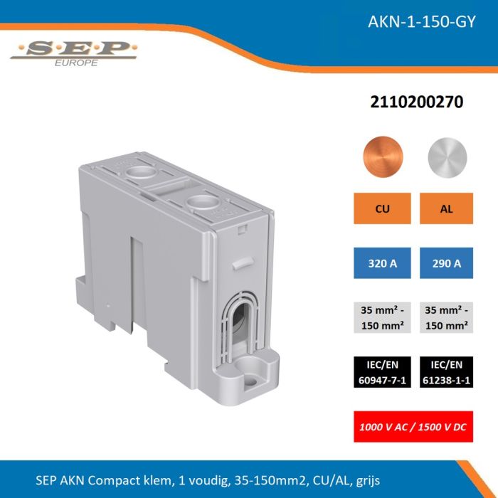 SEP AKN-1-150-GY compacte aansluitklem 1-voudig, geschikt voor koper en aluminium 35-150 mm², grijs – 1000 V AC / 1500 V DC, artikel 2110200270