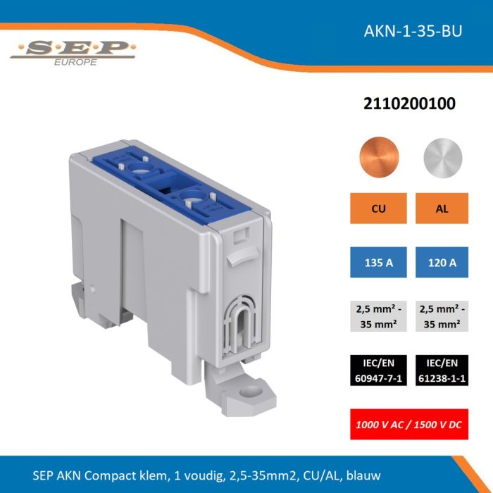 SEP AKN-1-35-BU compacte aansluitklem 1-voudig, geschikt voor koper en aluminium 2,5-35 mm², blauw – 1000 V AC / 1500 V DC, artikel 2110200100