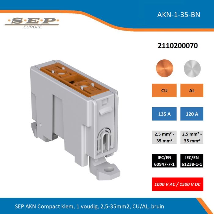 SEP AKN-1-35-BN compacte aansluitklem 1-voudig, geschikt voor koper en aluminium 2,5-35 mm², bruin – 1000 V AC / 1500 V DC, artikel 2110200070