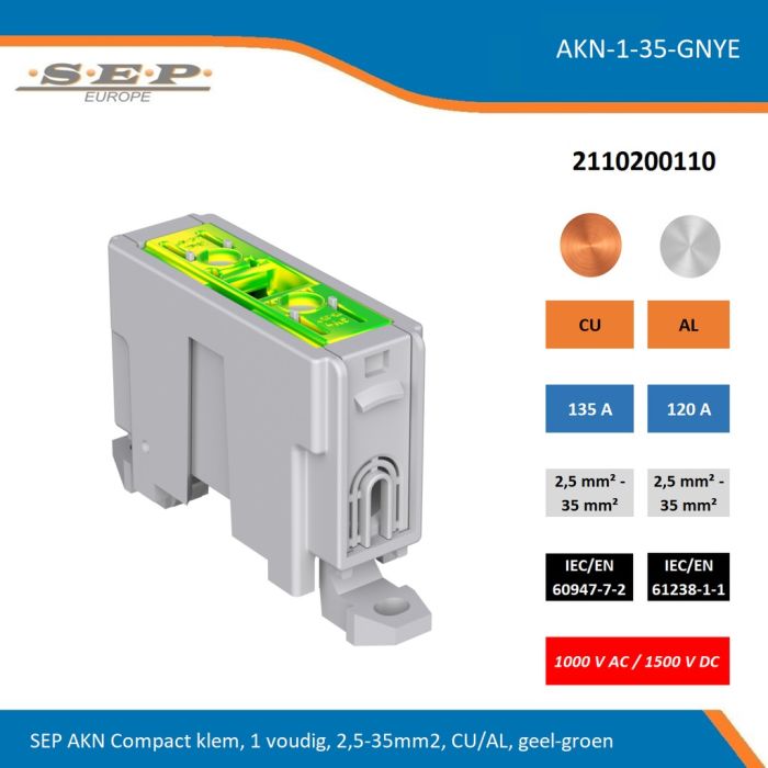 SEP AKN-1-35-GNGY compacte aansluitklem 1-voudig, geschikt voor koper en aluminium 2,5-35 mm², groen-geel – 1000 V AC / 1500 V DC, artikel 2110200110