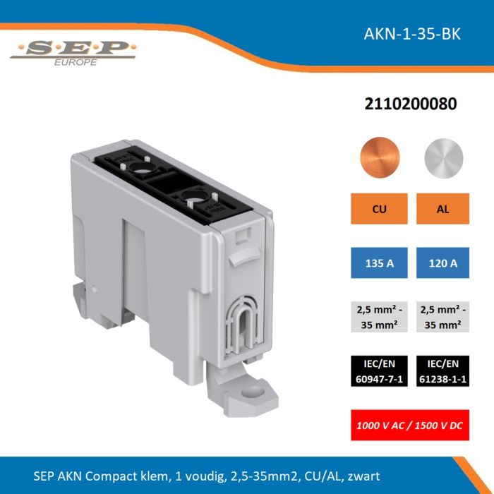 SEP AKN-1-35-BK compacte aansluitklem 1-voudig, geschikt voor koper en aluminium 2,5-35 mm², zwart – 1000 V AC / 1500 V DC, artikel 2110200080