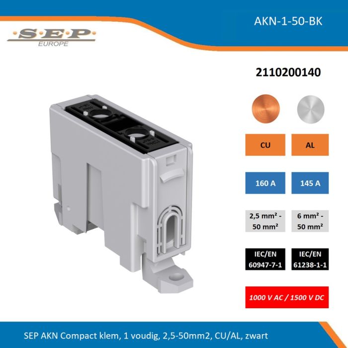 SEP AKN-1-50-BK compacte aansluitklem 1-voudig, geschikt voor koper en aluminium 2,5-50 mm², zwart – 1000 V AC / 1500 V DC, artikel 2110200140