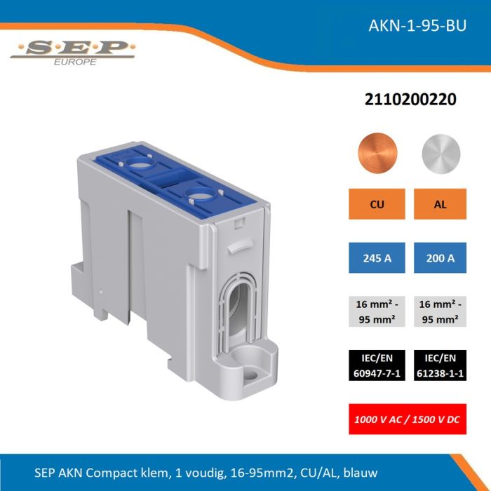 SEP AKN-1-95-BU compacte aansluitklem 1-voudig, geschikt voor koper en aluminium 16-95 mm², blauw – 1000 V AC / 1500 V DC, artikel 2110200220