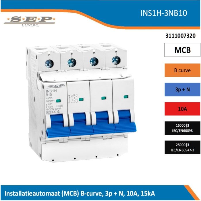 SEP Europe INS1H-3NB10 installatieautomaat, MCB B-curve, 3p+N, 10A, kortsluitvastheid 15kA/25kA