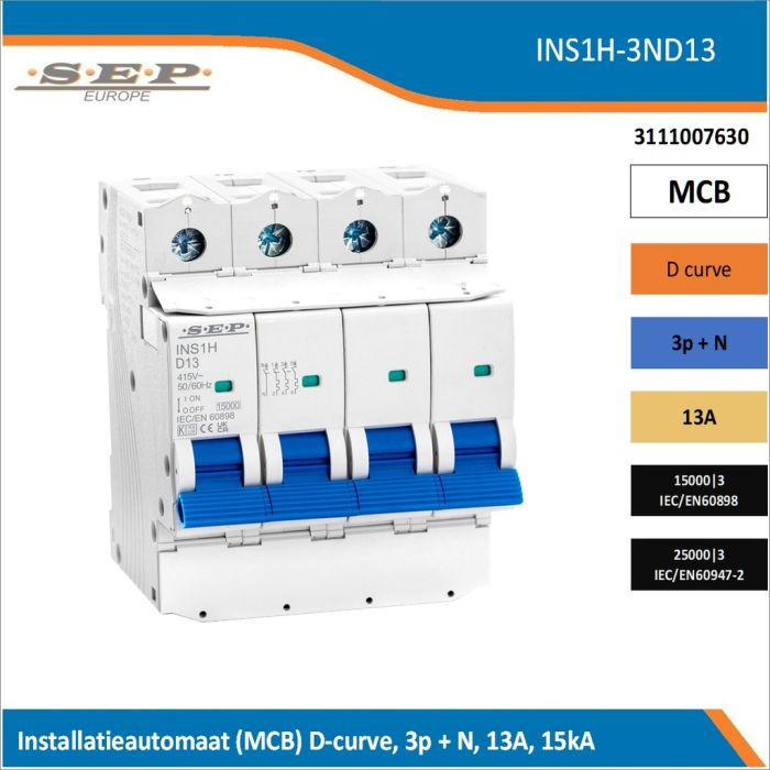 SEP Europe INS1H-3ND13 installatieautomaat, MCB D-curve, 3p+N, 13A, kortsluitvastheid 15kA/25kA