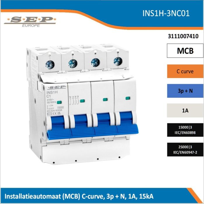 SEP Europe INS1H-3NC01 installatieautomaat, MCB C-curve, 3p+N, 1A, kortsluitvastheid 15kA/25kA