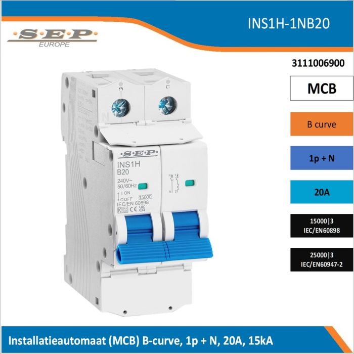 SEP Europe INS1H-1NB20 installatieautomaat, MCB B-curve, 1p+N, 20A, kortsluitvastheid 15kA/25kA