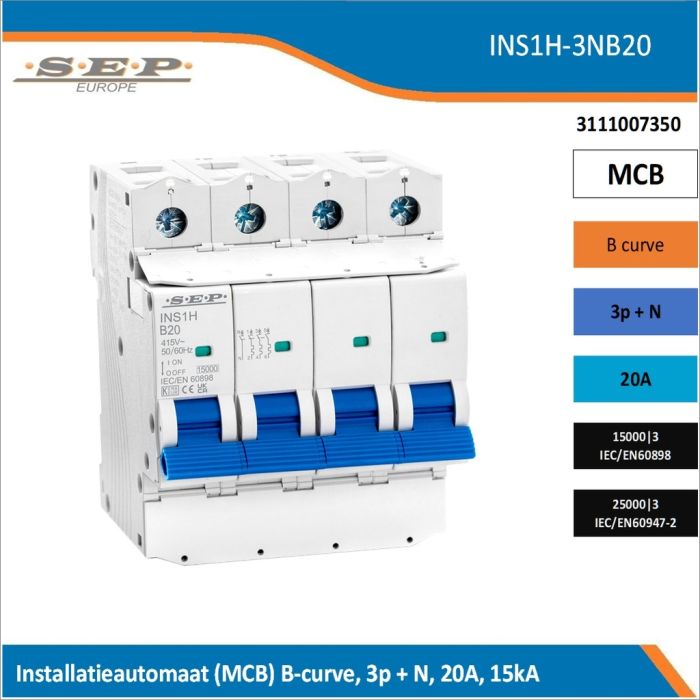 SEP Europe INS1H-3NB20 installatieautomaat, MCB B-curve, 3p+N, 20A, kortsluitvastheid 15kA/25kA