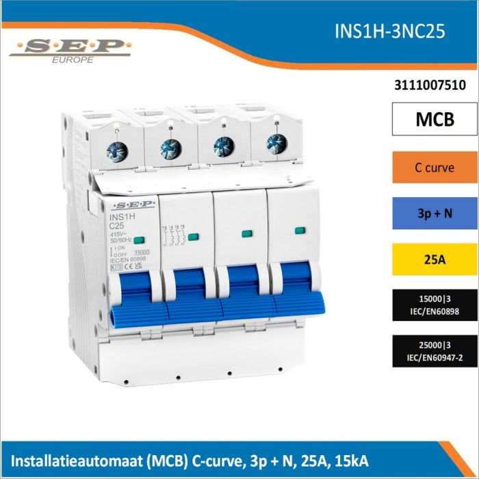 SEP Europe INS1H-3NC25 installatieautomaat, MCB C-curve, 3p+N, 25A, kortsluitvastheid 15kA/25kA