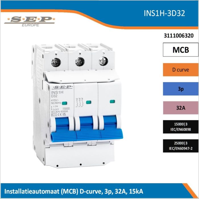 SEP Europe INS1H-3D32 installatieautomaat, MCB D-curve, 3p, 32A, kortsluitvastheid 15kA/25kA