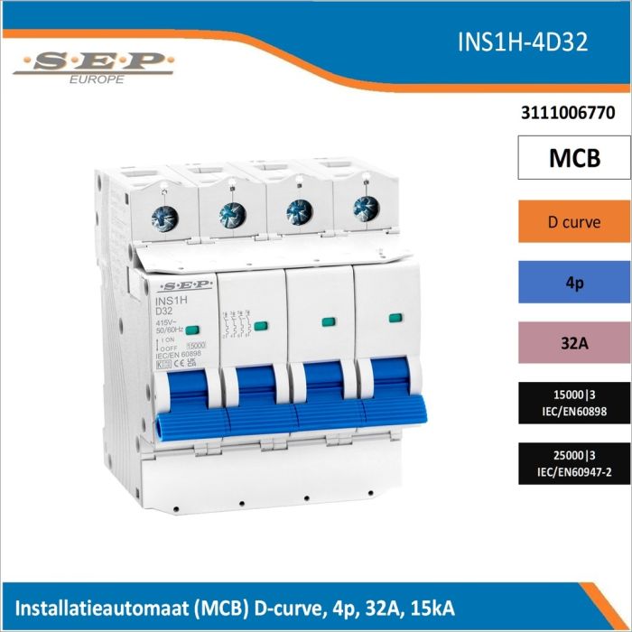 SEP Europe INS1H-4D32 installatieautomaat, MCB D-curve, 4p, 32A, kortsluitvastheid 15kA/25kA