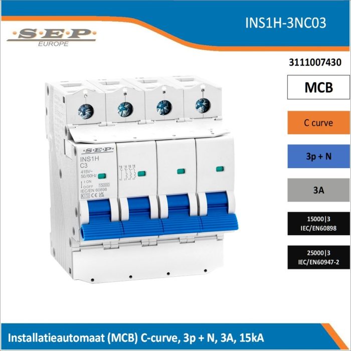 SEP Europe INS1H-3NC03 installatieautomaat, MCB C-curve, 3p+N, 3A, kortsluitvastheid 15kA/25kA