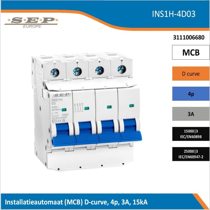 SEP Europe INS1H-4D03 installatieautomaat, MCB D-curve, 4p, 3A, kortsluitvastheid 15kA/25kA