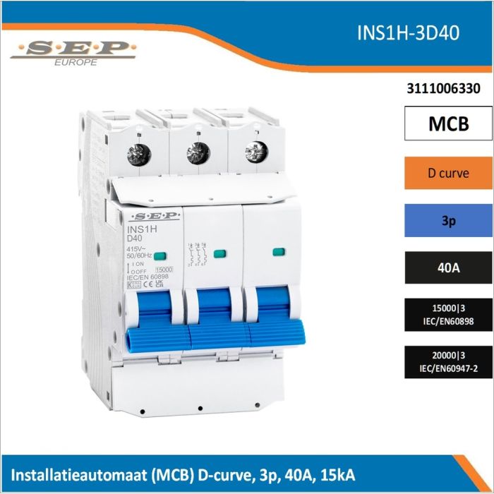 SEP Europe INS1H-3D40 installatieautomaat, MCB D-curve, 3p, 40A, kortsluitvastheid 15kA/20kA
