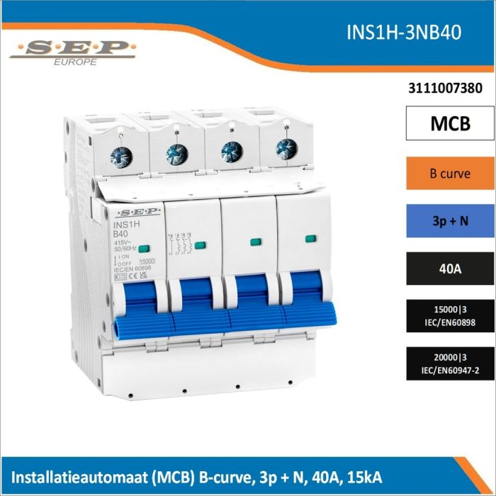 SEP Europe INS1H-3NB40 installatieautomaat, MCB B-curve, 3p+N, 40A, kortsluitvastheid 15kA/20kA