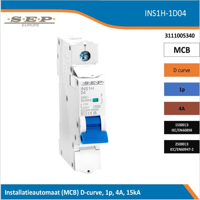 SEP Europe INS1H-1D04 installatieautomaat, MCB D-curve, 1p, 4A, kortsluitvastheid 15kA/25kA