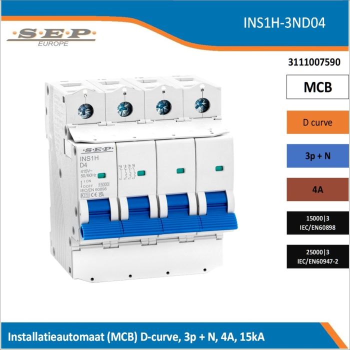 SEP Europe INS1H-3ND04 installatieautomaat, MCB D-curve, 3p+N, 4A, kortsluitvastheid 15kA/25kA