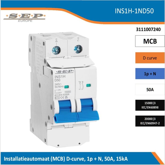 SEP Europe INS1H-1ND50 installatieautomaat, MCB D-curve, 1p+N, 50A, kortsluitvastheid 15kA/20kA