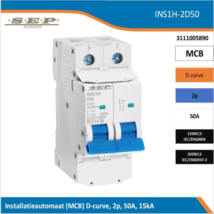 SEP Europe INS1H-2D50 installatieautomaat, MCB D-curve, 2p, 50A, kortsluitvastheid 15kA/20kA