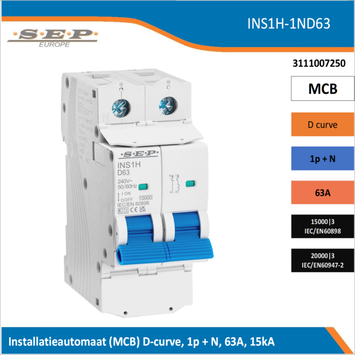 SEP Europe INS1H-1ND63 installatieautomaat, MCB D-curve, 1p+N, 63A, kortsluitvastheid 15kA/20kA