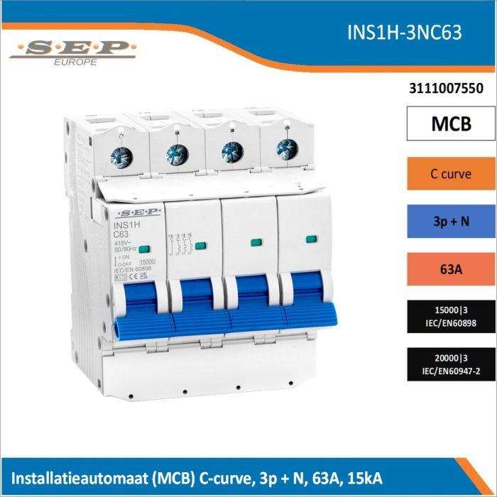 SEP Europe INS1H-3NC63 installatieautomaat, MCB C-curve, 3p+N, 63A, kortsluitvastheid 15kA/20kA