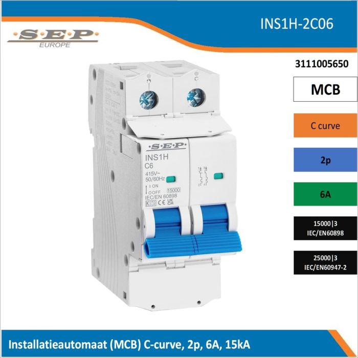 SEP Europe INS1H-2C06 installatieautomaat, MCB C-curve, 2p, 6A, kortsluitvastheid 15kA/25kA