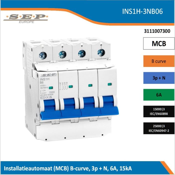 SEP Europe INS1H-3NB06 installatieautomaat, MCB B-curve, 3p+N, 6A, kortsluitvastheid 15kA/25kA