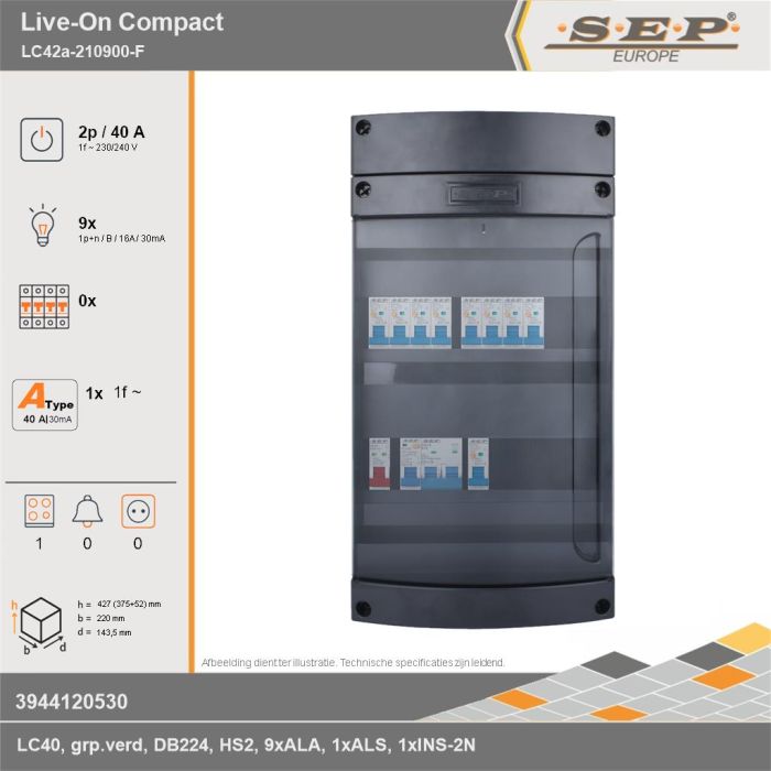 SEP Europe - Live-On Compact, LC42a-210900-F, 40A, 1-fase groepenkast, 9-lichtgroepen, 1-fornuisgroep, technische gegevens