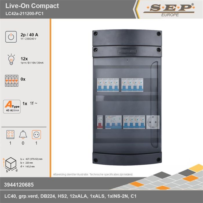 SEP Europe - Live-On Compact, LC42a-211200-FC1, 40A, 1-fase groepenkast, 12-lichtgroepen, 1-fornuisgroep,  1V-contactdoos, technische gegevens
