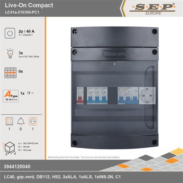 SEP Europe - Live-On Compact, LC41a-210300-FC1, 40A, 1-fase groepenkast, 3-lichtgroepen, 1-fornuisgroep,  1V-contactdoos, technische gegevens