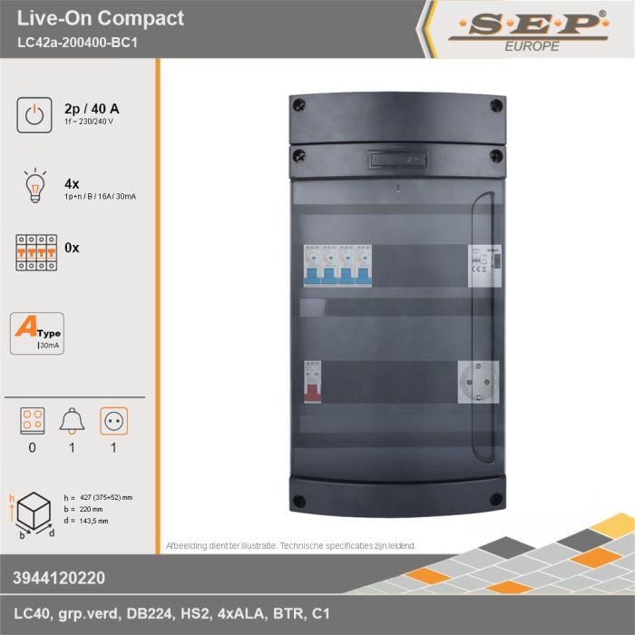 SEP Europe - Live-On Compact, LC42a-200400-BC1, 40A, 1-fase groepenkast, 4-lichtgroepen, 1-beltrafo,  1V-contactdoos, technische gegevens