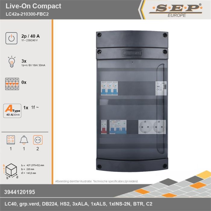 SEP Europe - Live-On Compact, LC42a-210300-FBC2, 40A, 1-fase groepenkast, 3-lichtgroepen, 1-fornuisgroep, 1-beltrafo,  2V-contactdoos, technische gegevens