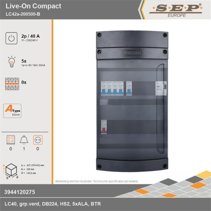 SEP Europe - Live-On Compact, LC42a-200500-B, 40A, 1-fase groepenkast, 5-lichtgroepen, 1-beltrafo, technische gegevens