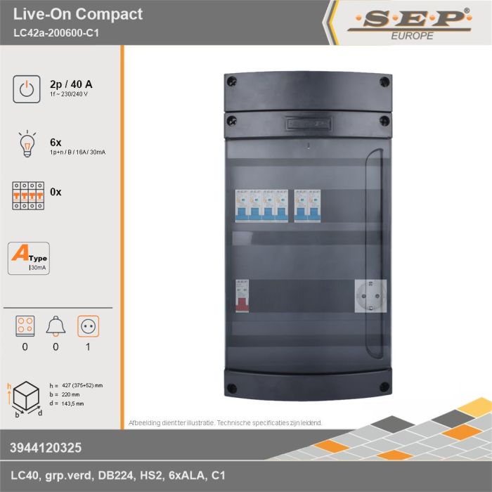 SEP Europe - Live-On Compact, LC42a-200600-C1, 40A, 1-fase groepenkast, 6-lichtgroepen,  1V-contactdoos, technische gegevens