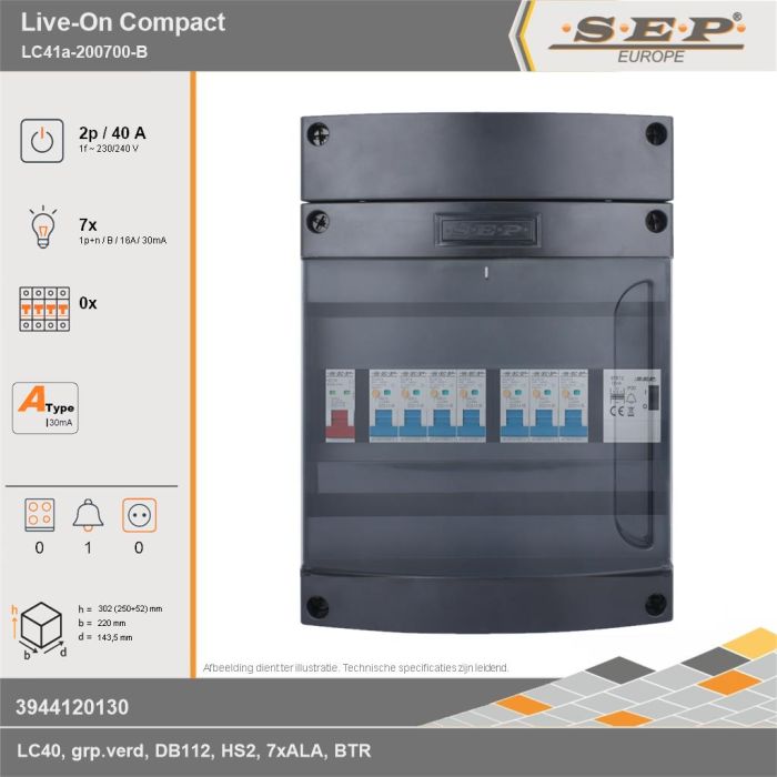 SEP Europe - Live-On Compact, LC41a-200700-B, 40A, 1-fase groepenkast, 7-lichtgroepen, 1-beltrafo, technische gegevens
