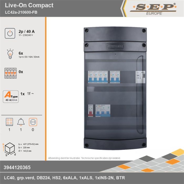 SEP Europe - Live-On Compact, LC42a-210600-FB, 40A, 1-fase groepenkast, 6-lichtgroepen, 1-fornuisgroep, 1-beltrafo, technische gegevens