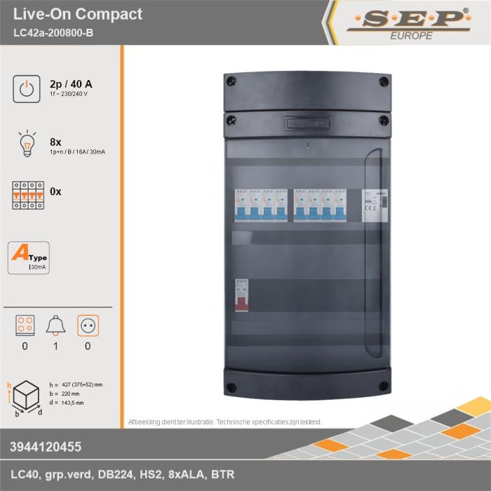 SEP Europe - Live-On Compact, LC42a-200800-B, 40A, 1-fase groepenkast, 8-lichtgroepen, 1-beltrafo, technische gegevens