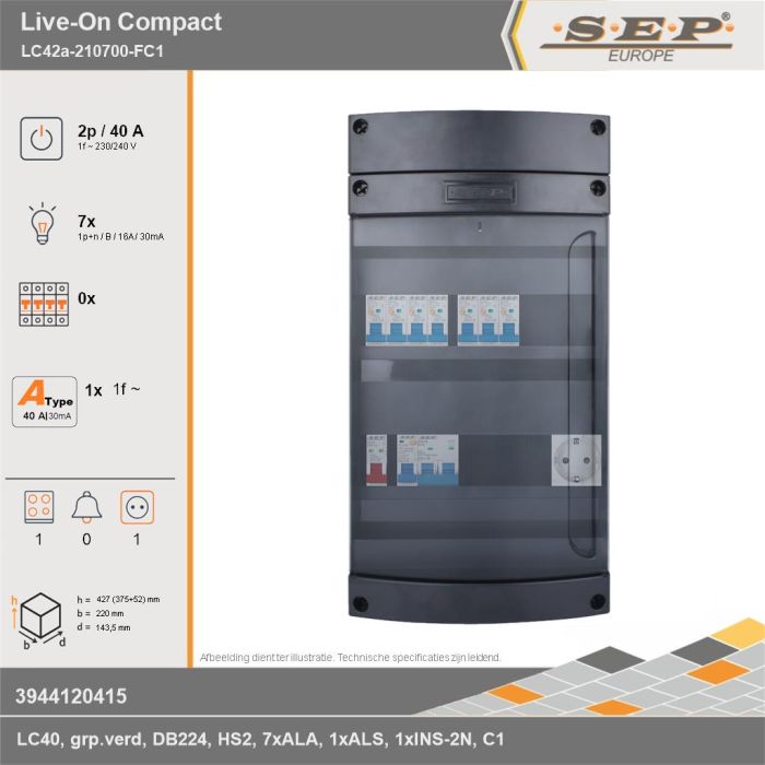 SEP Europe - Live-On Compact, LC42a-210700-FC1, 40A, 1-fase groepenkast, 7-lichtgroepen, 1-fornuisgroep,  1V-contactdoos, technische gegevens
