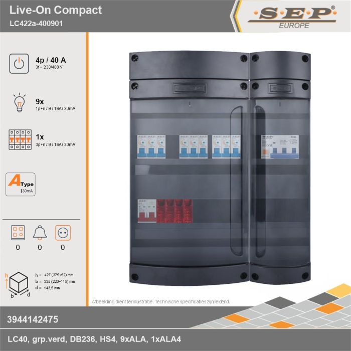 SEP Europe - Live-On Compact, LC422a-400901, 40A, 3-fase groepenkast, 9-lichtgroepen, 1-krachtgroepen, technische gegevens
