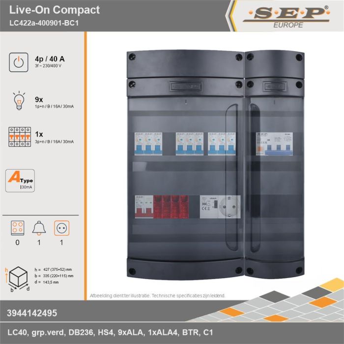 SEP Europe - Live-On Compact, LC422a-400901-BC1, 40A, 3-fase groepenkast, 9-lichtgroepen, 1-krachtgroepen, 1-beltrafo,  1V-contactdoos, technische gegevens